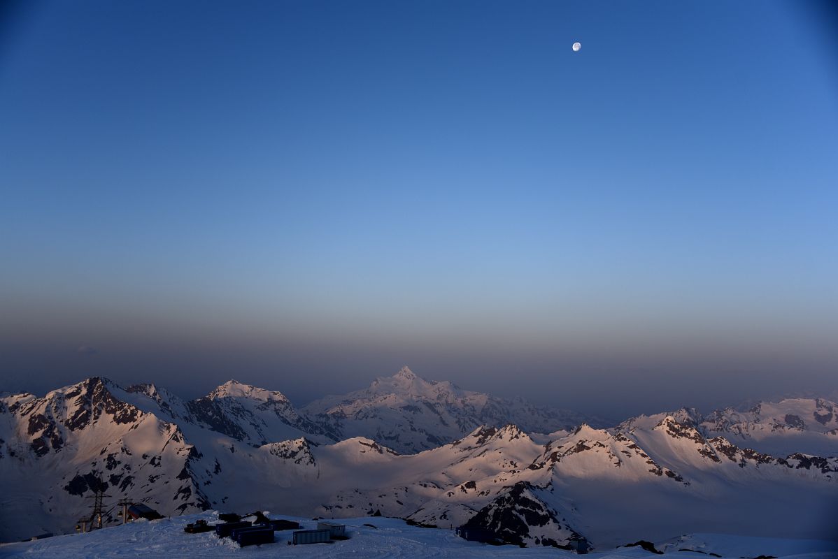 12A Moon And Sunrise On Mounts Shdavleri And Azau From Garabashi On Mount Elbrus Climb
